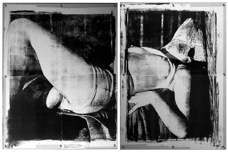 Lithographie en noir (diptyque)marouflée sur carton gris. 78 x 98 & 76 x 96cm 1994 (Collection privée G. L)