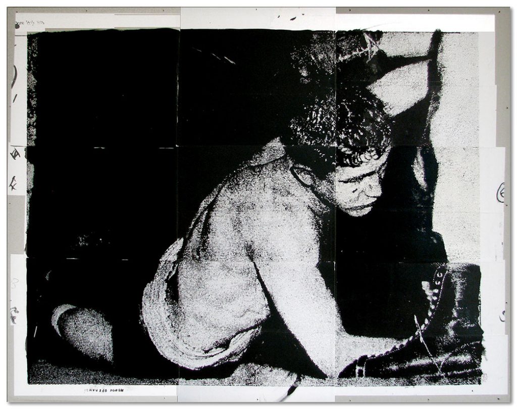 Lithographie en noir marouflée sur carton gris et plexiglass. 132 x 102cm, 1999
